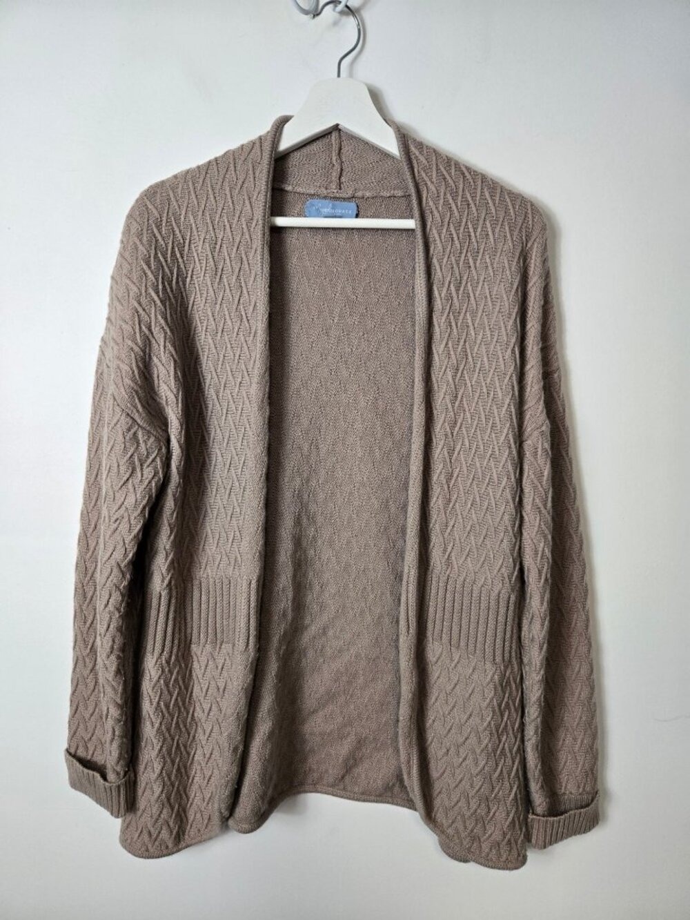 Magnolia Grace Textured Knit Open Front Cardigan Wool Blend Chevron Beige